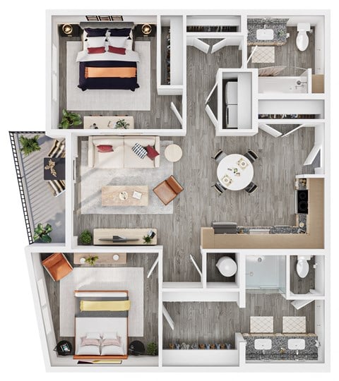 Floor plan for 2 beds, 2 baths, 1091 sqft